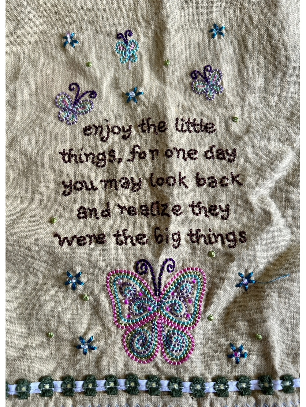 Embroidered Linen Wall Hanging with Inspirational Quote and Butterfly Design